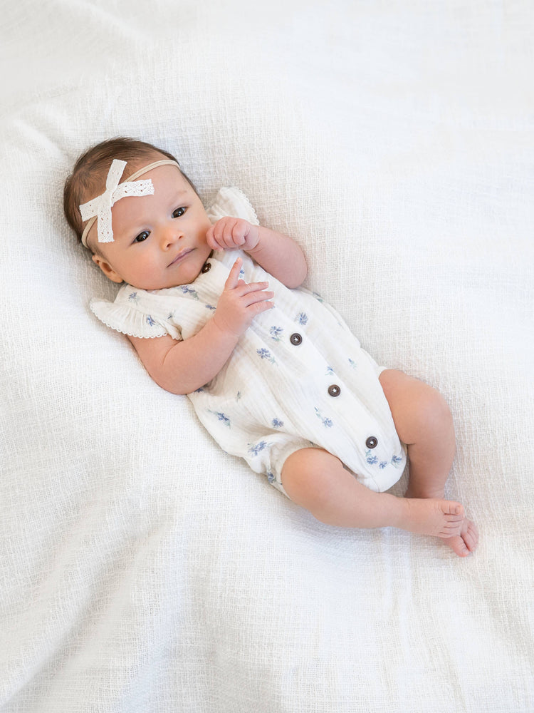 Coco Muslin Button Front Bubble Romper - Elena Floral/Lilla