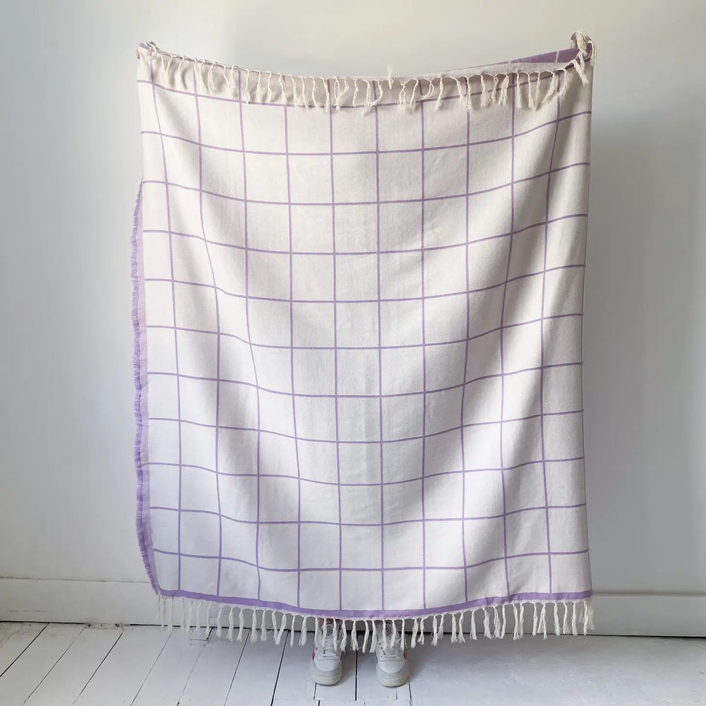 Merino Wool Throw Blanket - Grid Lilac